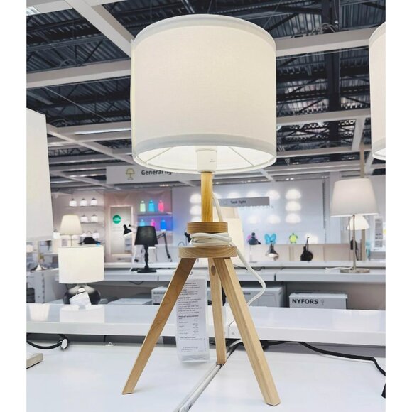 Brand New Beautiful Real Wood Table Lamp, IKEA White Canvas - Picture 1 of 13
